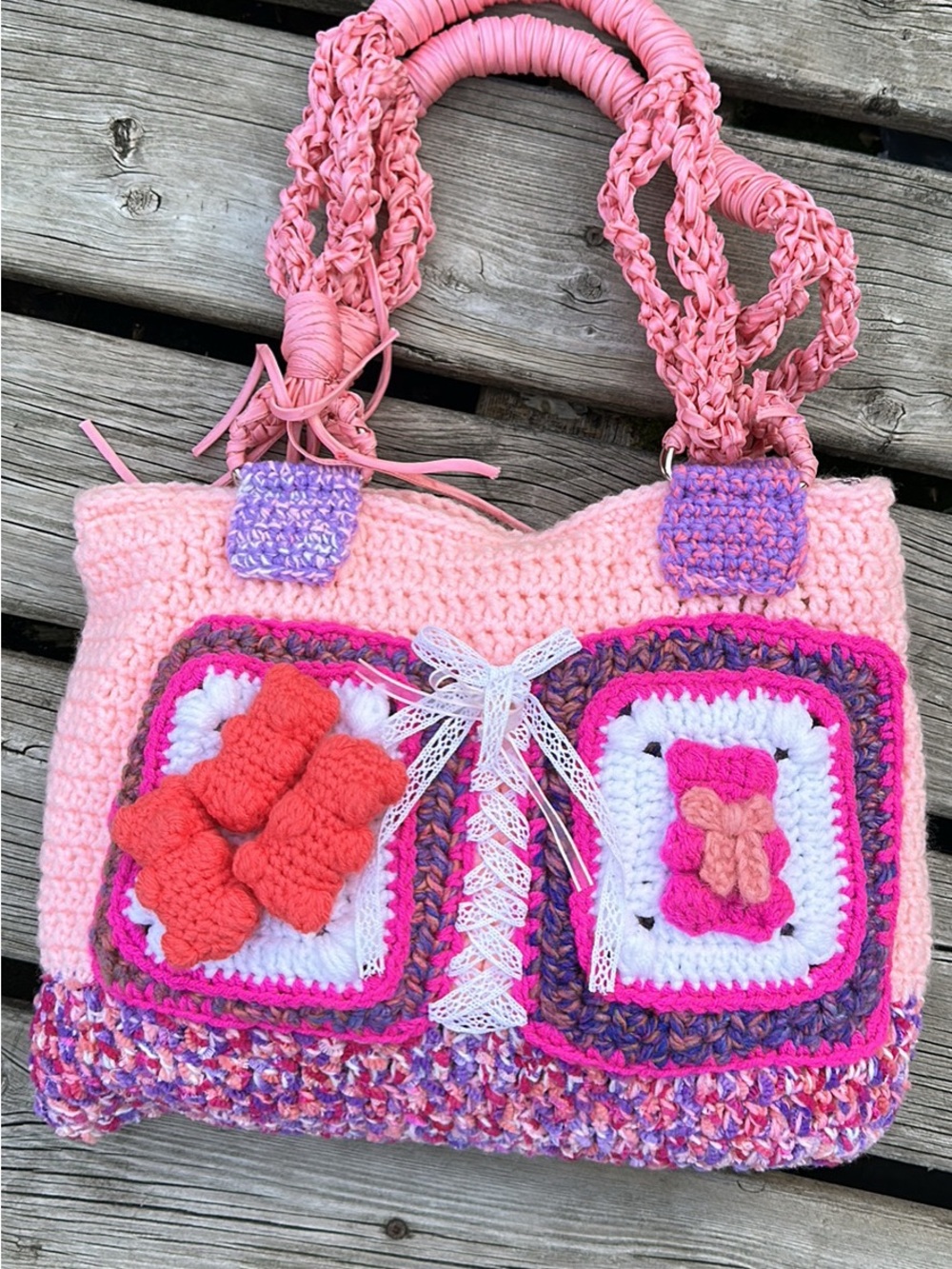 Handmade Pink Crochet Tote Bag with Bow Accents